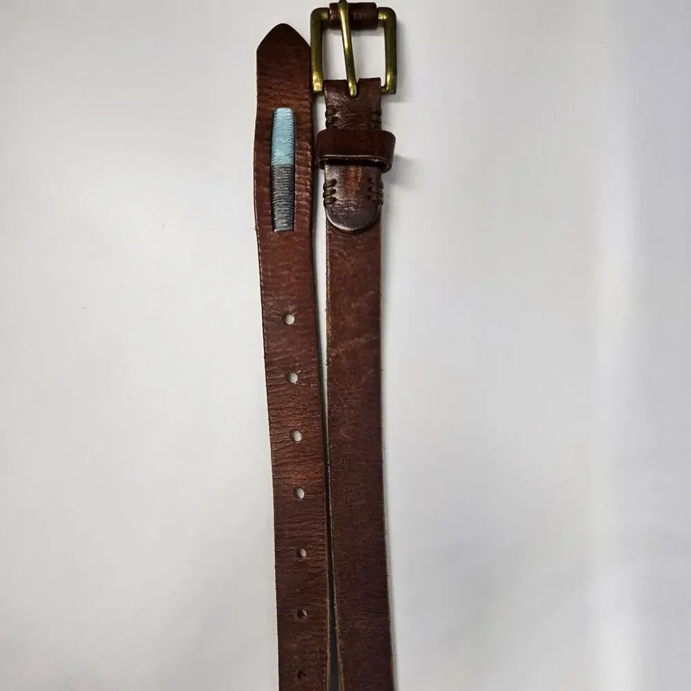LUCKY BRAND VINTAGE BROWN GENUINE LEATHER BELT – MULTICOLOR STITCHING – SIZE 36
